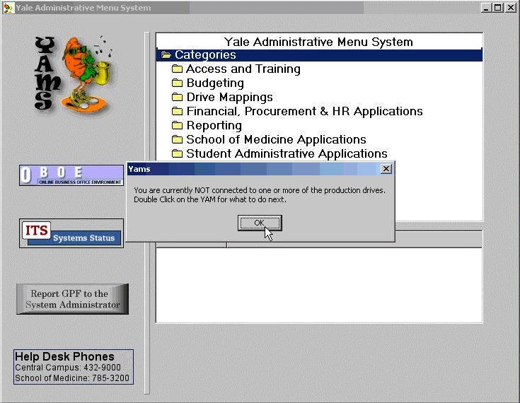 Accessing the VIP Application via YAMS, cont. 2. The Yale Administrative Menu System screen appears on the desktop as shown below.