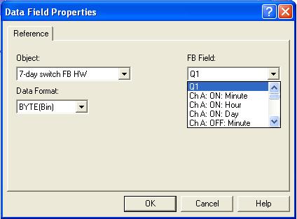 Figure 4 - Data Field Properties Dialog Box related to 7 Day Switch FB HW Figure 5 - Data Field Properties Dialog Box related to Year Time Switch HY The access to the Channels depends on the