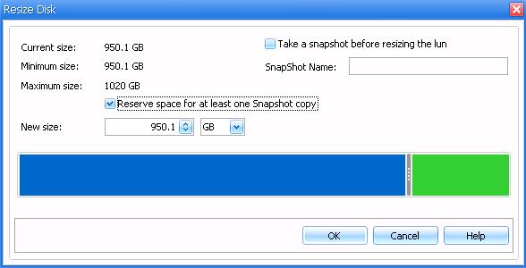 6. Click OK. 7. Create a new Snapshot copy of the resized disk. If you increase the size of the LUN, you may need to close and reopen the computer management MMC (compmgmt.