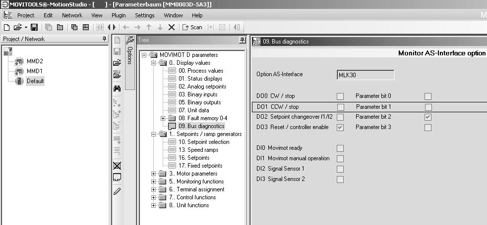 Service Diagnostics with MOVTOOLS MotionStudio 11 The following window is displayed during operation with the MLK3A option: The parameters P94 and P97 are used as bus monitor of the AS-nterface and