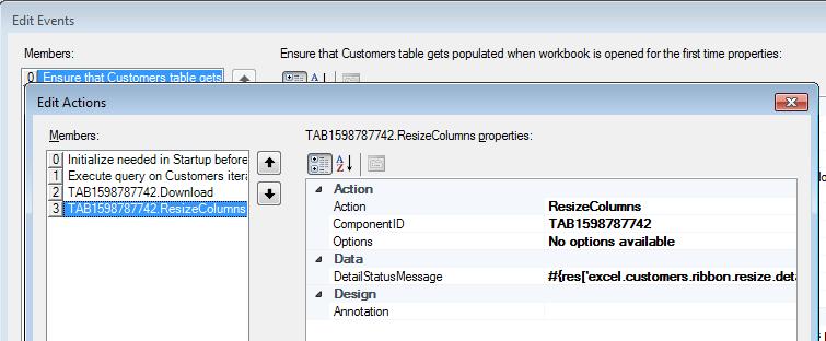 Configuring an ADF Table Component to Resize Columns Based on Data at Runtime Figure 7-15 shows the ResizeColumns action at design-time that is configured in the worksheet Events property of the