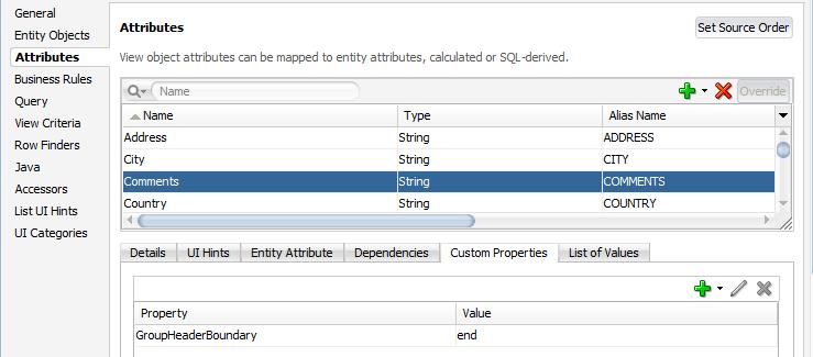 Figure 7-19 Column Custom Attribute Property to End a Grouped Header in a Dynamic At runtime, a dynamic column expands to render columns for the view object's attributes.