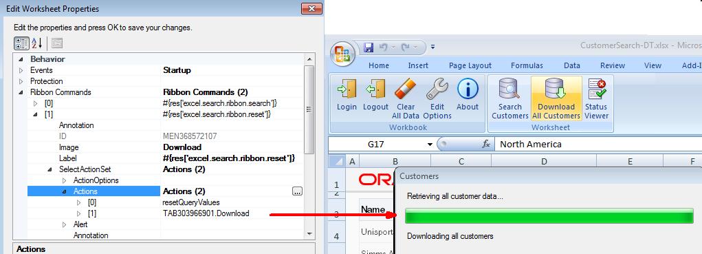 In addition to end-user gestures (double-click, click, select) on the ADF Desktop Integration components that invoke action sets, you can configure workbook and worksheet ribbon commands that end