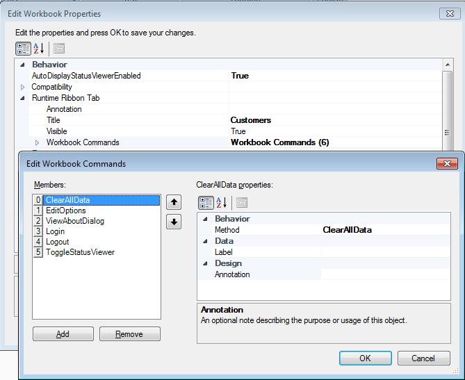Configuring the Runtime Ribbon Tab Figure 9-17 Edit Workbook Commands Dialog 4.