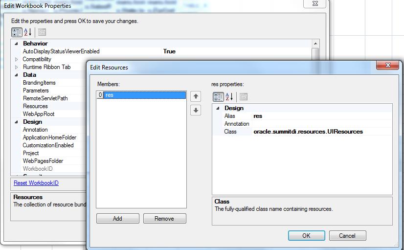 Using Resource Bundles in an Integrated Excel Workbook Figure 11-2 Edit Resources Dialog 4. Specify values for the resource bundle and then click OK.