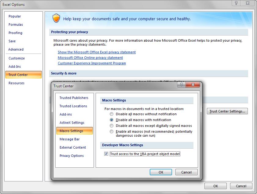 Installing ADF Desktop Integration 4. In the Trust Center dialog, choose the Macro Settings tab, and then click the Trust access to the VBA project object model checkbox, as shown in Figure 3-1.