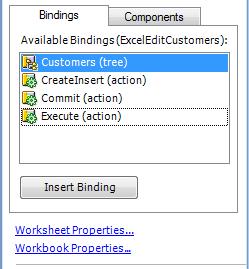 Using the Components Palette Figure 5-6 Task Pane Oracle ADF Bindings Palette in the ADF Desktop Integration Designer You use the bindings palette in design mode to insert a binding.