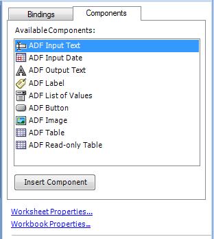 Using the Property Inspector Figure 5-7 Oracle ADF Components Palette in the ADF Desktop Integration Designer Task Pane You use the components palette in design mode to insert an Oracle ADF component.