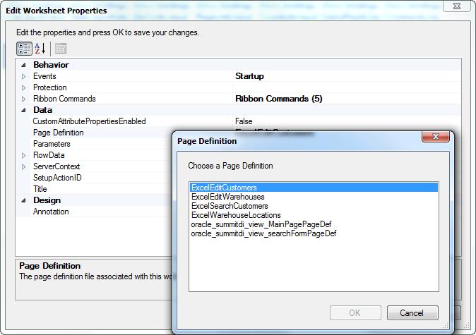 Using the Collection Editors Figure 5-13 Page Definition Picker For more information about page definition files, see Working with Page Definition Files for an Integrated Excel Workbook. 5.12 Using the Collection Editors ADF Desktop Integration uses collection editors to manage the properties of elements in a collection.