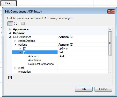 Inserting an ADF Button Component Figure 6-14 ADF Button Component in Design Mode For more information about the properties of the ADF Button component, see ADF Button Component Properties.