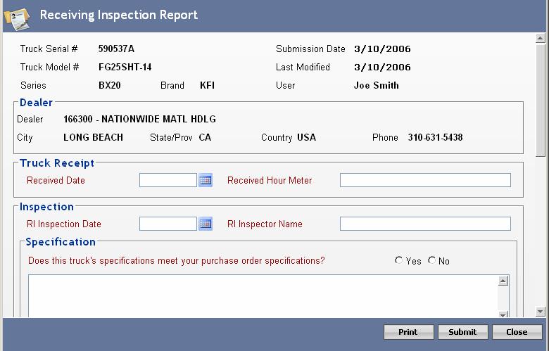 Create a Receiving Inspection Report 1. Click Add. The Select Truck page opens.