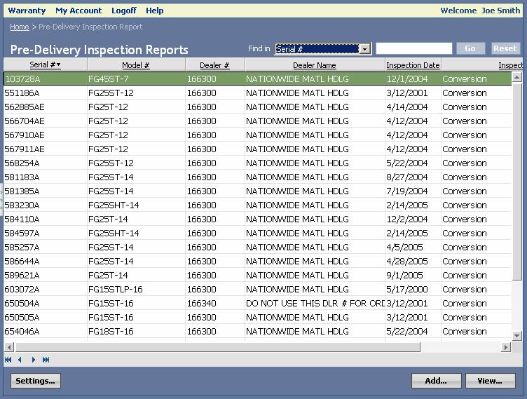 6. Pre-Delivery Inspection Reports Pre-Delivery Inspection Reports Page Click Pre-Delivery Inspection Reports in the navigation pane.