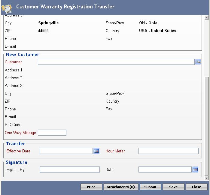 Transfer a Customer Warranty Registration 1. Select the registration from the appropriate folder. The registration opens in the Customer Warranty Registration Transfer window. 2.