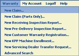 3 The Warranty menu provides options for creating new claims, new parts-only claims, receiving inspection reports, pre-delivery inspection reports, customer warranty registrations, KPP machine