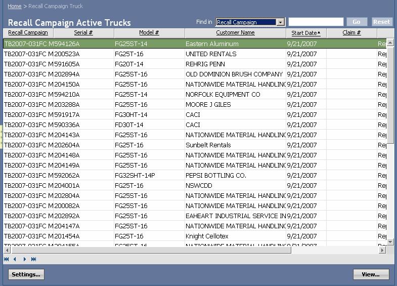 12. Recall Campaigns This chapter explains how to display a list of trucks included in a Komatsu recall campaign and how to file a claim on a listed truck.
