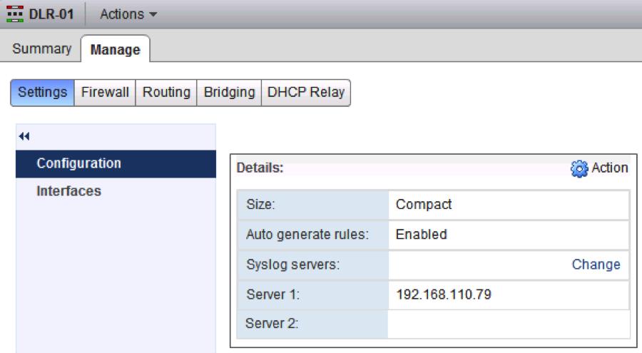 Chapter 4 NSX Routing Syslog Configuration Configure the ESG or DLR Control VM to send log entries to a remote syslog server.