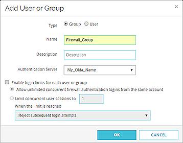Add the Group to the Firebox From Fireware Web UI: 1. Select Authentication > Users and Groups. Click Add. The Add User or Group dialog box appears. 2. Type the Name and Description for this group. 3.