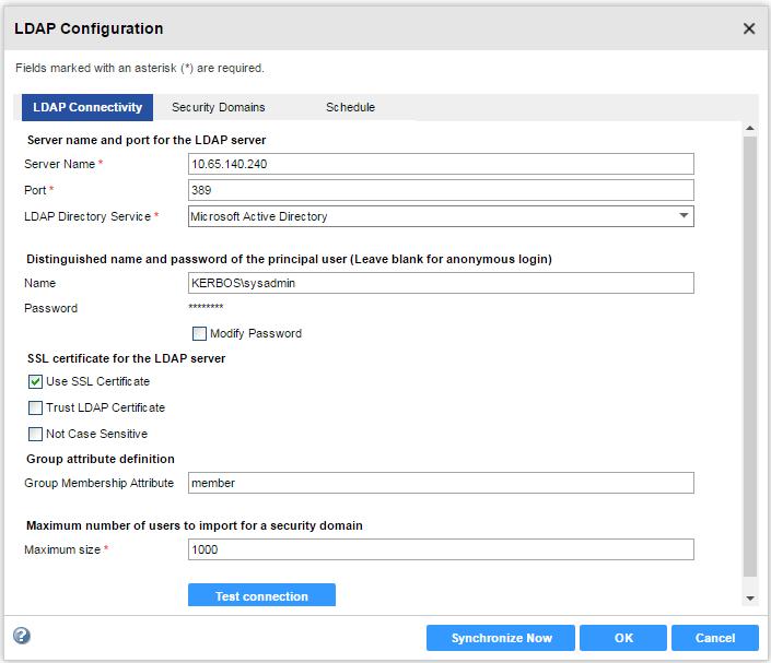 The following image shows the connection details for an LDAP server set in the LDAP Connectivity panel of the LDAP Configuration dialog box. 5.