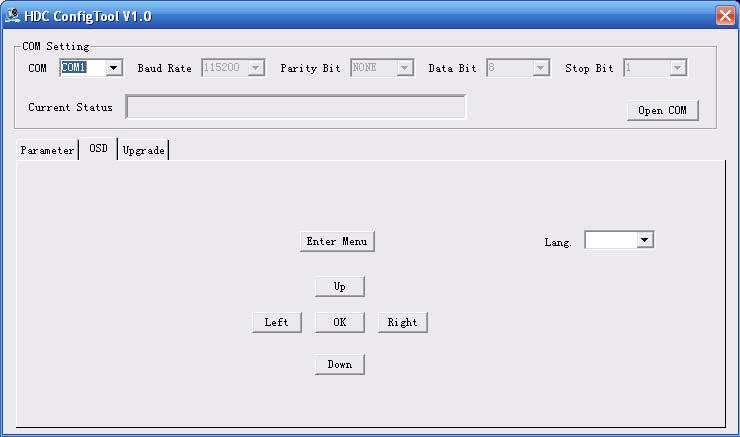 In the device interface, you can view COM setup, parameter setup, OSD, upgrade information and etc.