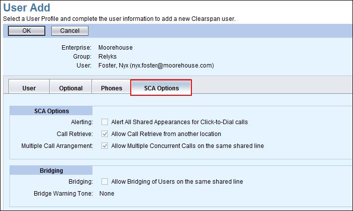 USER SETTINGS Figure 11 User Add SCA Options Tab You can view or modify user settings at the Enterprise and Group level. 1. From the main menu, select Provisioning and then Users. 2.