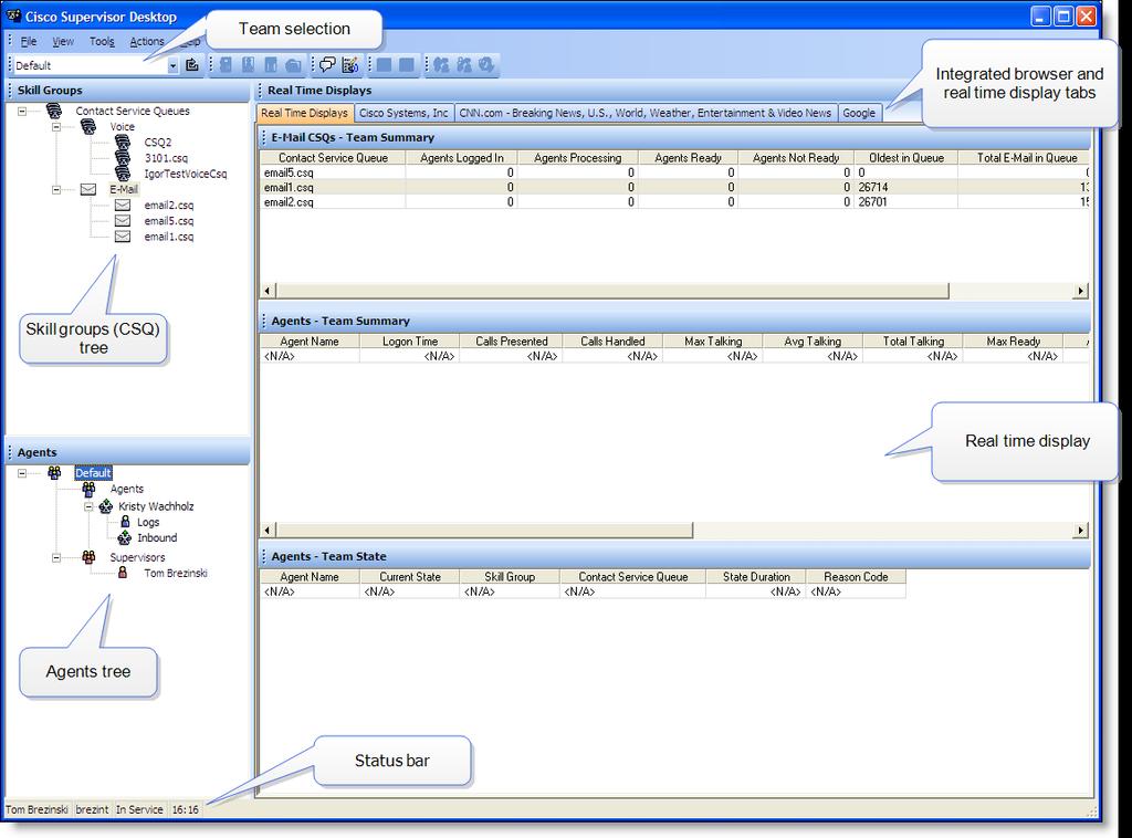 The Supervisor Desktop Window Real time display panes are identified as containing information related to voice CSQs,