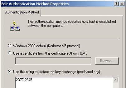 13. Change the authentication method to Use this string to protect the key exchange (preshared key), and enter the preshared key