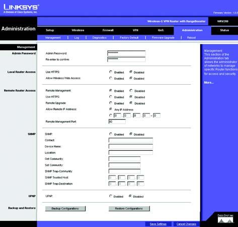 The Administration Tab - Management The Management screen allows you to change the Router s access settings as well as configure the SNMP and UPnP (Universal Plug and Play) features.