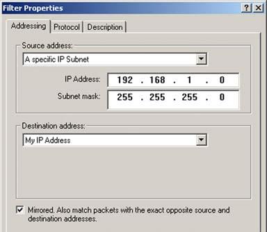 Figure D-7: IP Filter List 9. The Filters Properties screen will appear. Select the Addressing tab. In the Source address field, select A specific IP Subnet, and enter the IP Address: 19