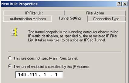 7. Select the Tunnel Setting tab, and click The tunnel endpoint is specified by this IP Address radio button.