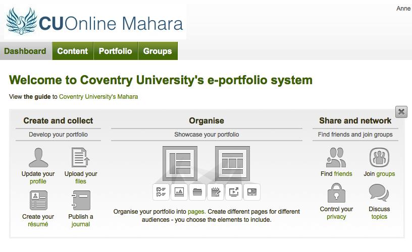 My e-portfolio (Mahara) Or: From a Moodle Assignment (students only) Students can also access Mahara from an e-portfolio module assignment that a tutor has set