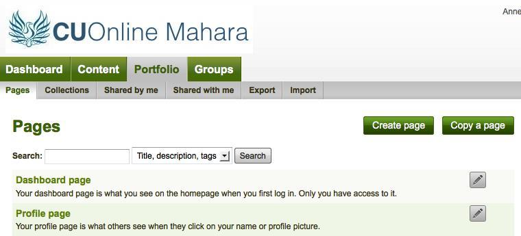 Portfolio - create a Mahara page You can create different web pages for different people to see. Note that the page is not visible until you have shared it. 1. Click the Portfolio tab.