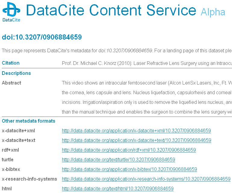 DataCite Services Content Service Exposes metadata stored in the MDS using multiple formats: DataCite XML,