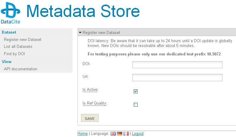 DataCite Services Metadata Store (MDS) Registration and