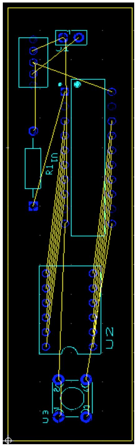 16. Once the parts are arranged on the board, each yellow connection indicator must be replaced by a copper trace line (a conductive path on the surface of the PCB) to provide the electrical
