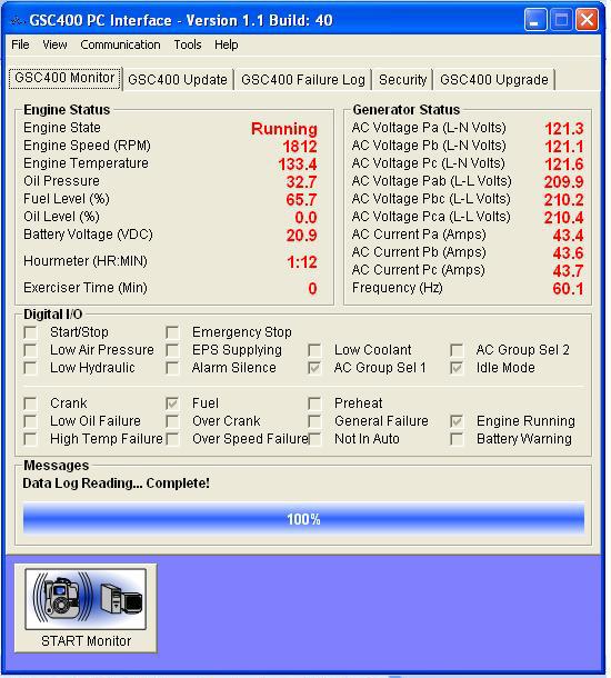 10 When the GSC400 is successfully connected to the PC for data transfer, the engine and generator status may be displayed within the interface screen.