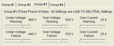 Setpoint Menu: Group #1 (Single Phase) Allows settings for: Under/Over Voltage Warning Under/Over Voltage Failure
