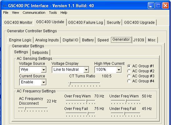 24 Although all AC voltage groups may be configured within the setpoint menu and wrote to the GSC400 at the same time, only one group at any one time may be monitored within the settings menu.
