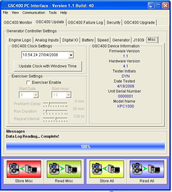 26 4.3.8 Misc The GSC400 Misc screen allows configuration to the following: GSC400 Clock Settings: 1. Update time with windows time Exercise Settings: 1. Exerciser Enable 2. Start Date 3.