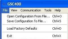 29 4.7 GSC400 File Menu The GSC400 File Menu allows selection to the following: 1. Open Configuration from File 2. Save Configuration to File 3. Load Factory Defaults 4. Exit 4.7.1 Open Configuration from File Configuration settings may be entered within the GSC400 PC interface automatically using a configuration file.