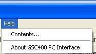 31 4.11 GSC400 Help Menu The GSC400 help Menu allows selection to the following: 1. Contents 2. About GSC400 PC Interface 4.11.1 Contents The GSC400 PC interface has included a help section explaining the various functions and settings of the interface.