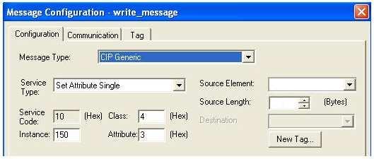 Double click on the square box inside the Message Instruction used to write data to the Nexus Unit. The following window will open. Enter the parameters shown in Table 1 above.
