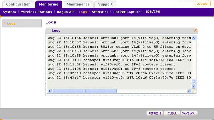 View the Activity Log You can view the wireless access point s activity logs onscreen and save the logs. To display the activity log and save it: 1. Select Monitoring > Logs.