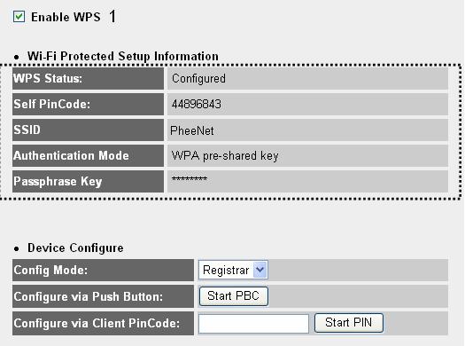 1 2 3 4 5 Here are descriptions of every setup items: Enable WPS (1) Wi-Fi Protected Setup Information (2) Check this box to enable WPS function, uncheck it to disable WPS.