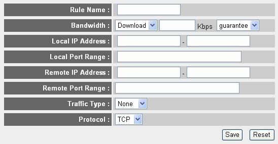a b c d e f g h Here are descriptions of every setup items: i Rule Name (a): Please give a name to this QoS rule (up to 15 alphanumerical characters) Bandwidth (b): Local IP Address (c): Local Port