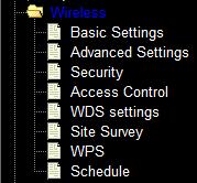 4.6 Wireless Figure 4-15 Wireless menu There are eight submenus under the Wireless menu (shown in Figure 4-15): Basic Settings, Advanced Settings, Security, Access Control, WDS Setting, Site Survey,