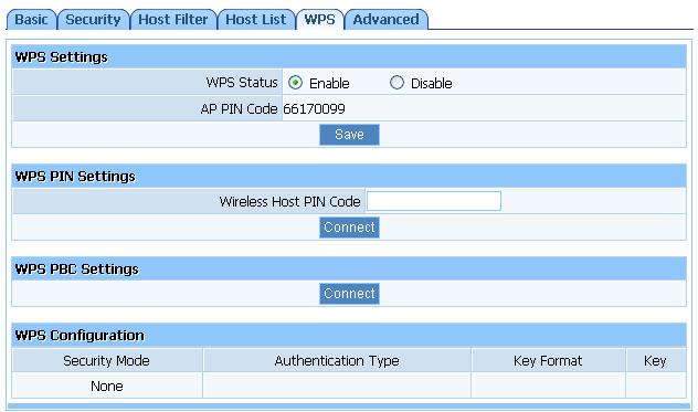 4.5.4. Host List Display current status of the wireless client associate with AP 4.5.5. WPS Wi-Fi Protect Setup (WPS) function can let you create a safety network easily.