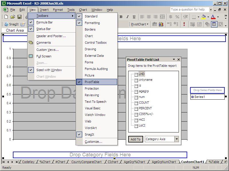 1 2 To change the layout of a chart: If it s not there already, get the PivotTable toolbar (4) by doing steps 1-3. Click the button (5) to display the field list.