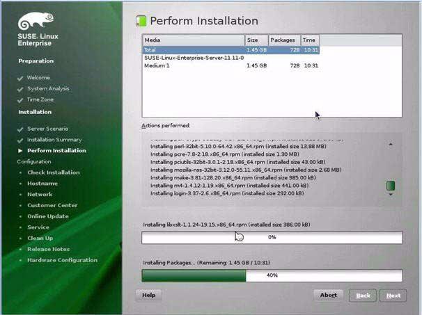 13. Continue the basic installation setup until all the SLES 11 OS files are installed and the system reboots. 14.
