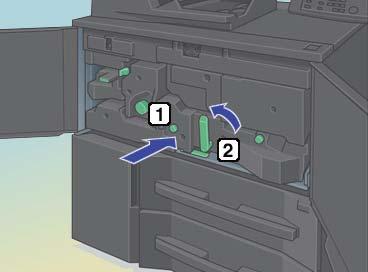 2.2 Installation Procedures 2 9 Close the reversal output part [1]. 10 Insert the ADU drawer [1] then lock it by pulling up the lever M4 [2] in the direction of the arrow. 11 Close the front door.