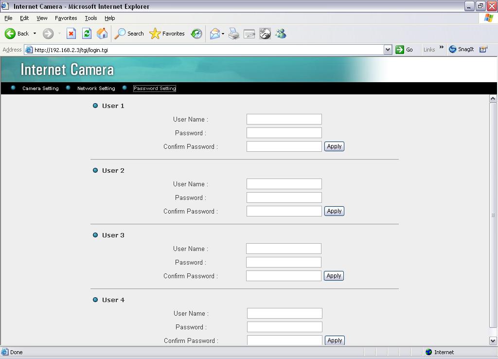 8.3. Password Setting The Password Setting allows users to add four user accounts who are able to view video from Camera Viewer and Web Management.